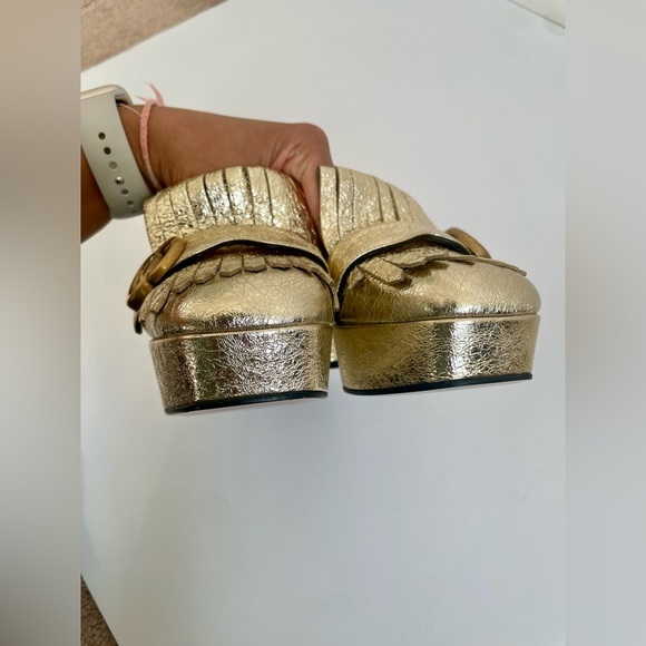 Gucci Metallic Gold Marmont GG Platform Platino Fringe Logo Block Heel pumps 38 - Picture 13 of 13